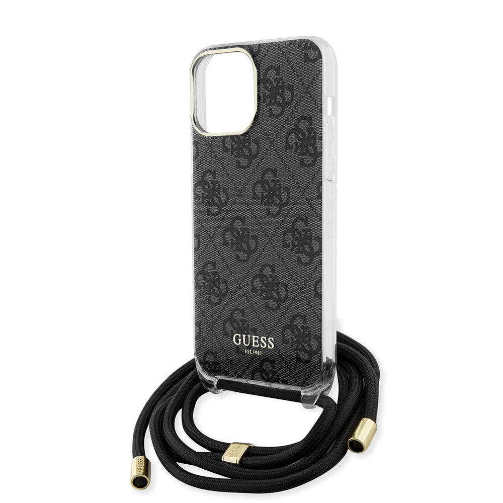 Guess iPhone 15 Pro Max Backcover hoesje Crossbody cord - 4G print - Zwart-Hoesjes-Ilumina Benelux