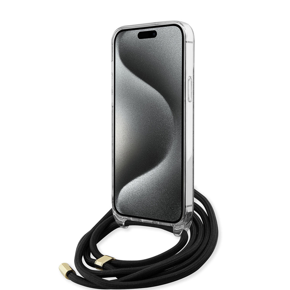 Guess iPhone 15 Pro Max Backcover hoesje Crossbody cord - 4G print - Zwart-Hoesjes-Ilumina Benelux