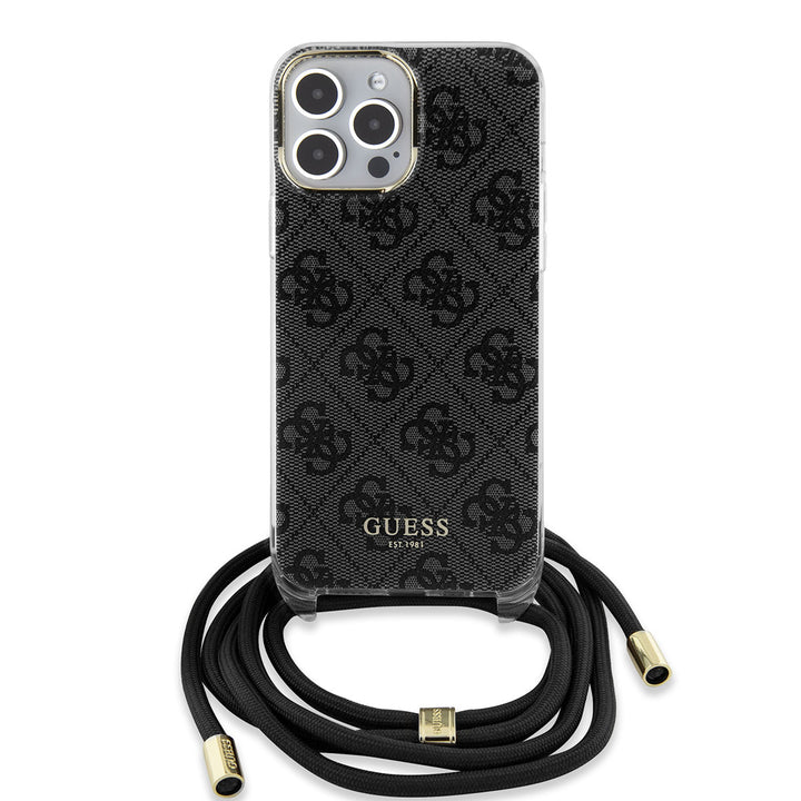 Guess iPhone 15 Pro Max Backcover hoesje Crossbody cord - 4G print - Zwart-Hoesjes-Ilumina Benelux
