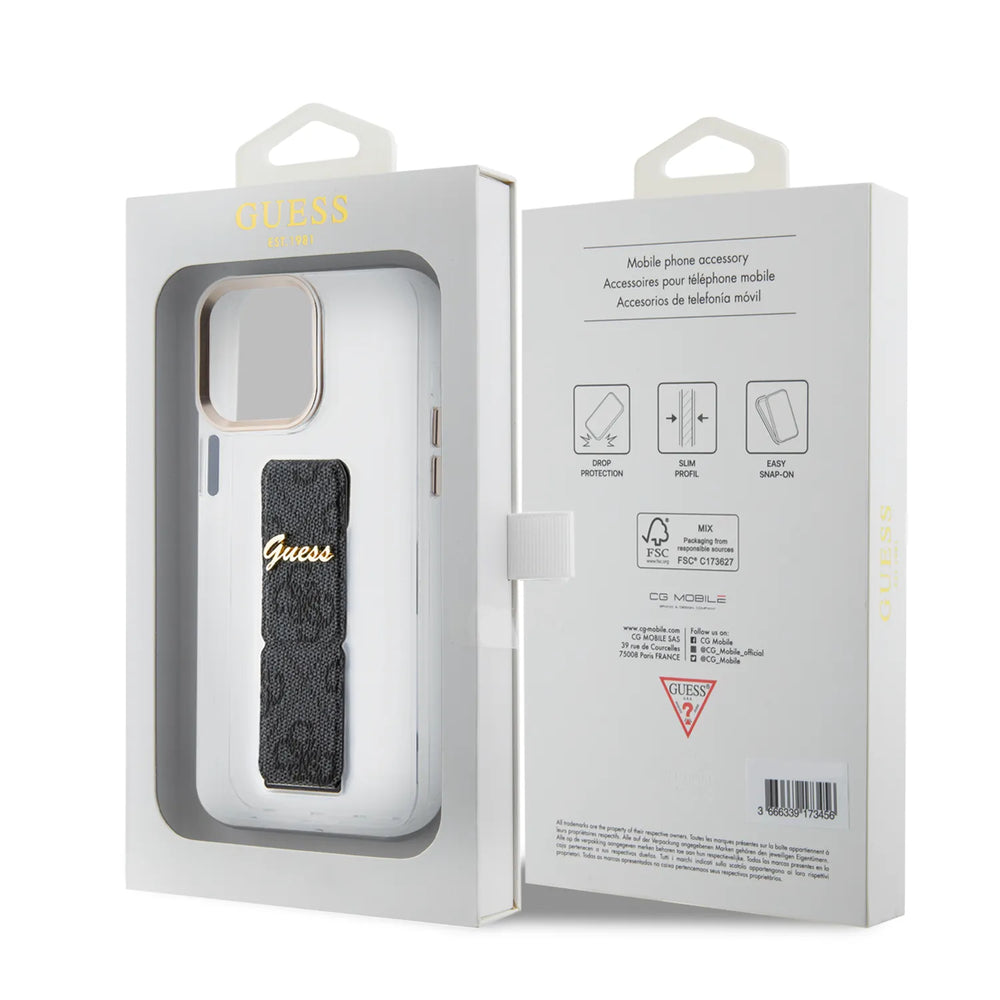 Guess iPhone 15 Pro Max Backcover hoesje - Gripstand - Clear Case - 4G Script Logo - Zwart-Hoesjes-Ilumina Benelux