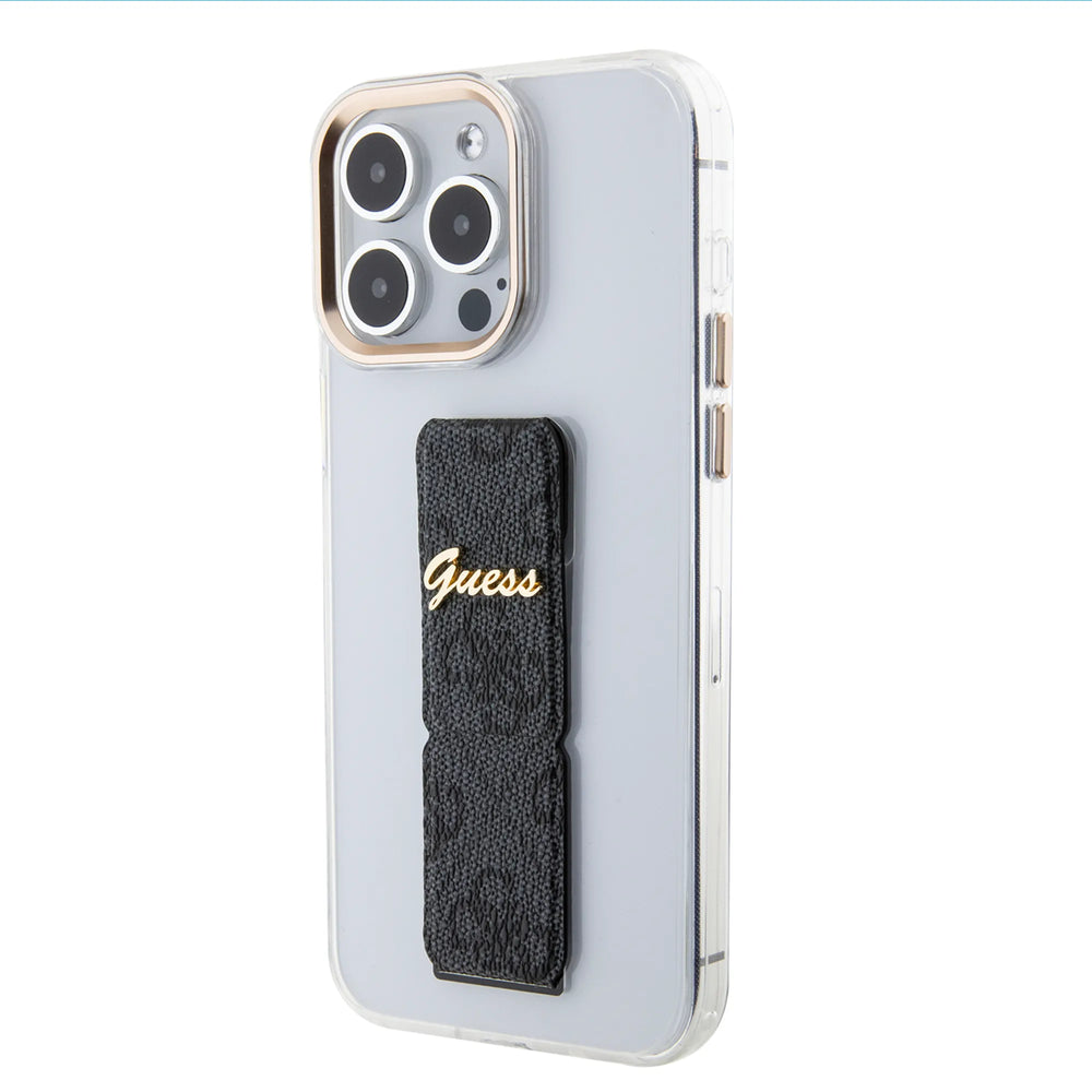 Guess iPhone 15 Pro Max Backcover hoesje - Gripstand - Clear Case - 4G Script Logo - Zwart-Hoesjes-Ilumina Benelux