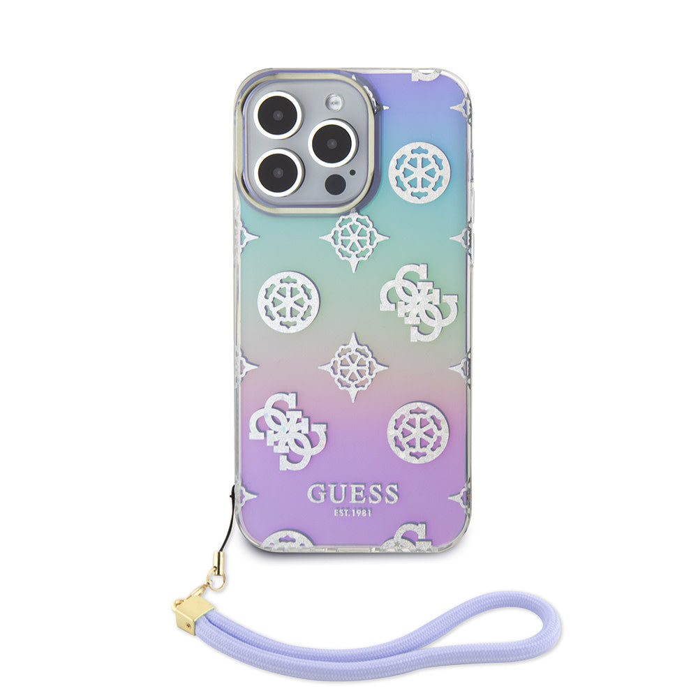 Guess iPhone 15 Pro Max Backcover hoesje Iridescent - Glitter pattern peony - cordstrap - Paars-Hoesjes-Ilumina Benelux