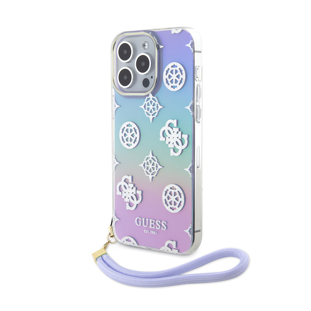 Guess iPhone 15 Pro Max Backcover hoesje Iridescent - Glitter pattern peony - cordstrap - Paars-Hoesjes-Ilumina Benelux
