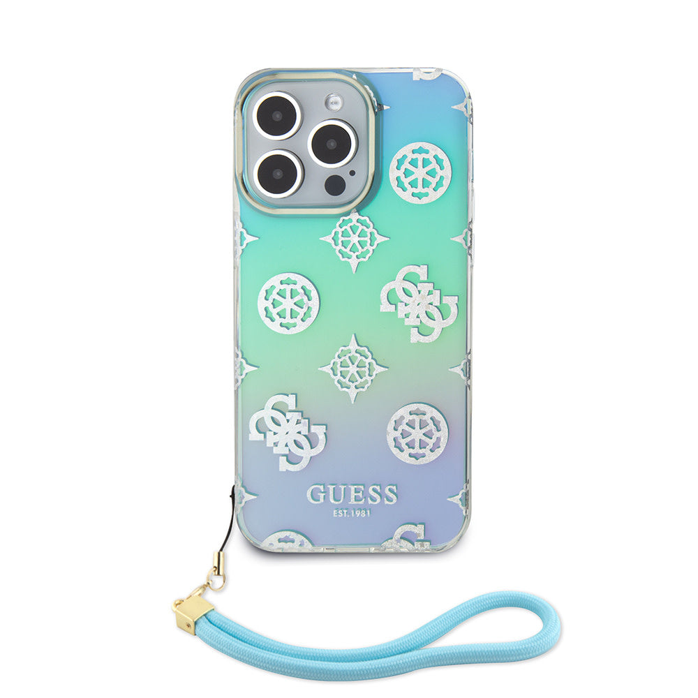 Guess iPhone 15 Pro Max Backcover hoesje Iridescent - Glitter pattern peony - cordstrap - Turquoise-Hoesjes-Ilumina Benelux