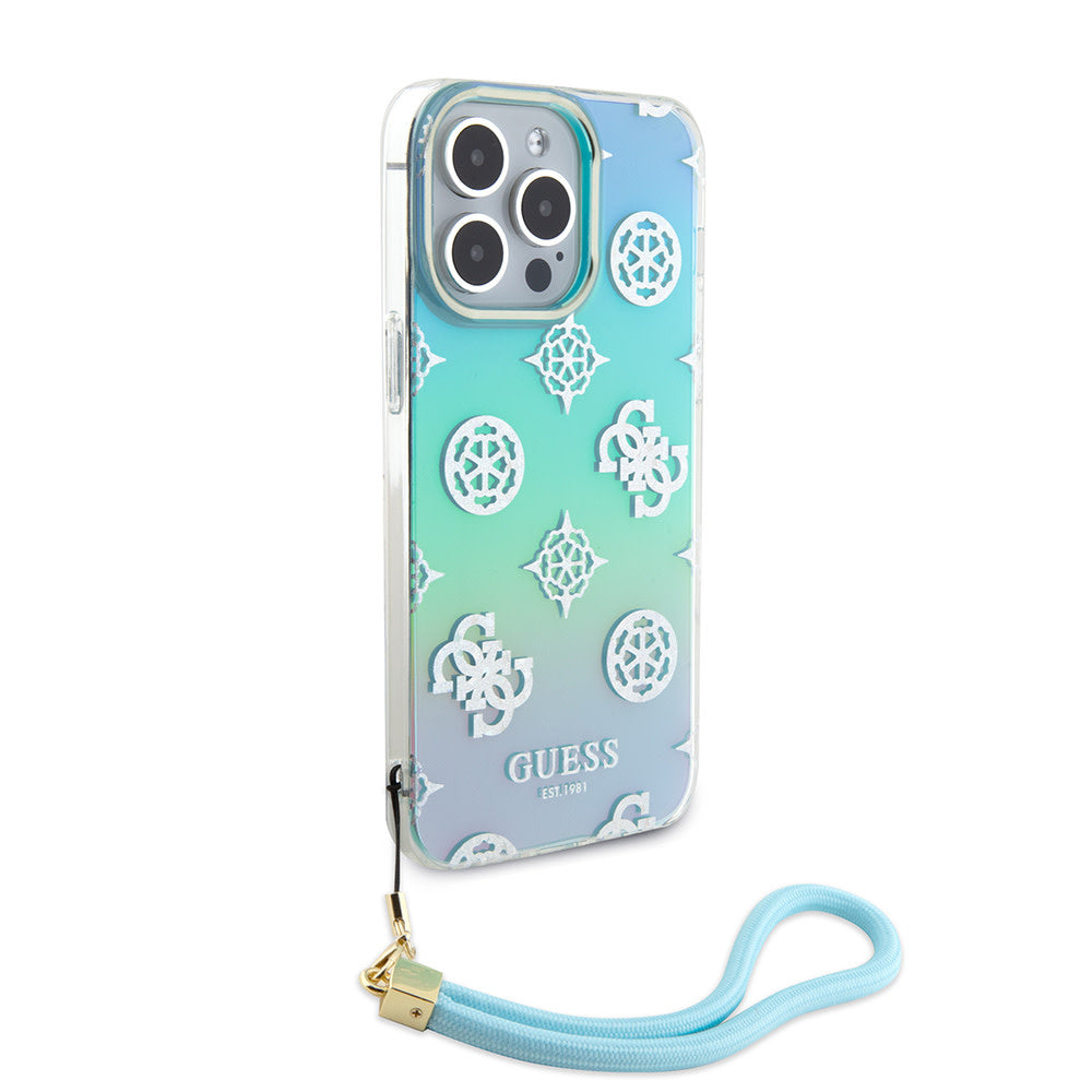 Guess iPhone 15 Pro Max Backcover hoesje Iridescent - Glitter pattern peony - cordstrap - Turquoise-Hoesjes-Ilumina Benelux