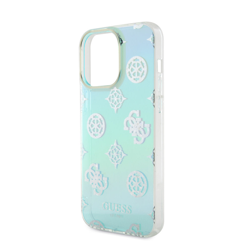 Guess iPhone 15 Pro Max Backcover hoesje Iridescent - Glitter pattern peony - cordstrap - Turquoise-Hoesjes-Ilumina Benelux