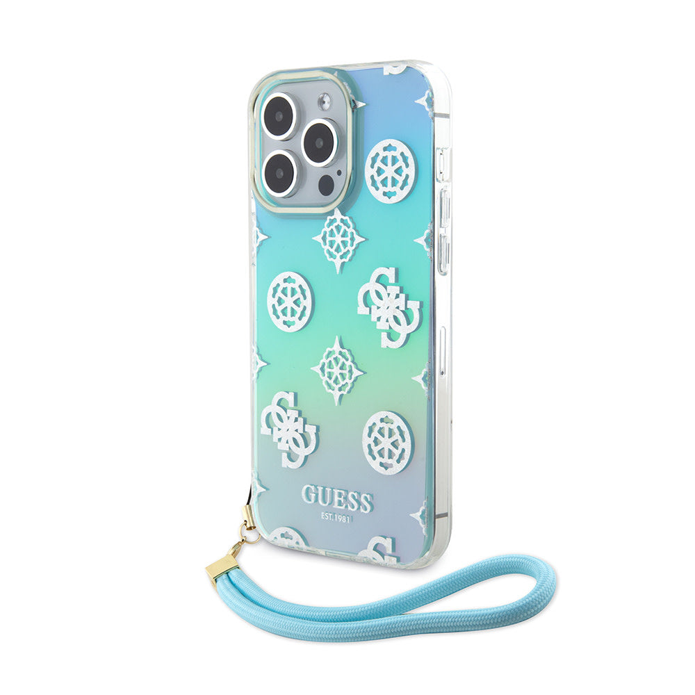 Guess iPhone 15 Pro Max Backcover hoesje Iridescent - Glitter pattern peony - cordstrap - Turquoise-Hoesjes-Ilumina Benelux