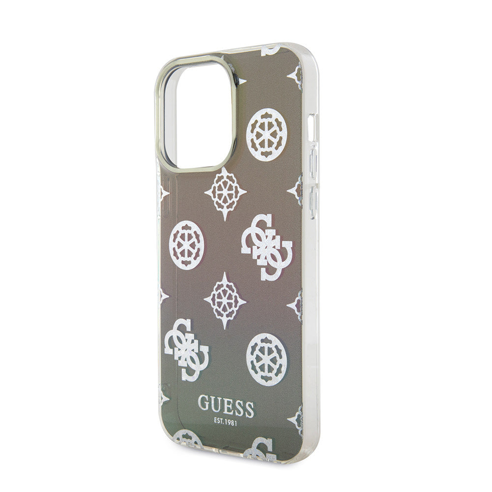 Guess iPhone 15 Pro Max Backcover hoesje Iridescent - Glitter pattern peony - cordstrap - Zwart-Hoesjes-Ilumina Benelux