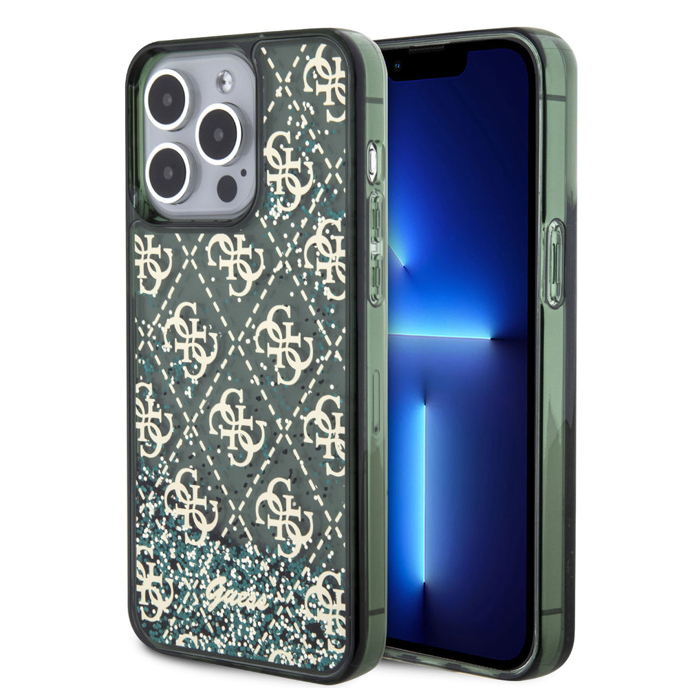 Guess iPhone 15 Pro Max Backcover hoesje - Liquid Glitter - 4G Pattern - Groen-Hoesjes-Ilumina Benelux