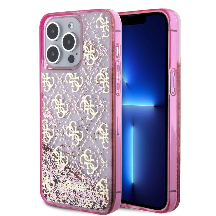 Guess iPhone 15 Pro Max Backcover hoesje - Liquid Glitter - 4G Pattern - Roze-Hoesjes-Ilumina Benelux