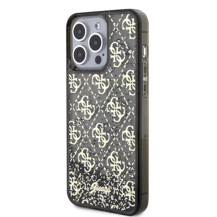Guess iPhone 15 Pro Max Backcover hoesje - Liquid Glitter - 4G Pattern - Zwart-Hoesjes-Ilumina Benelux