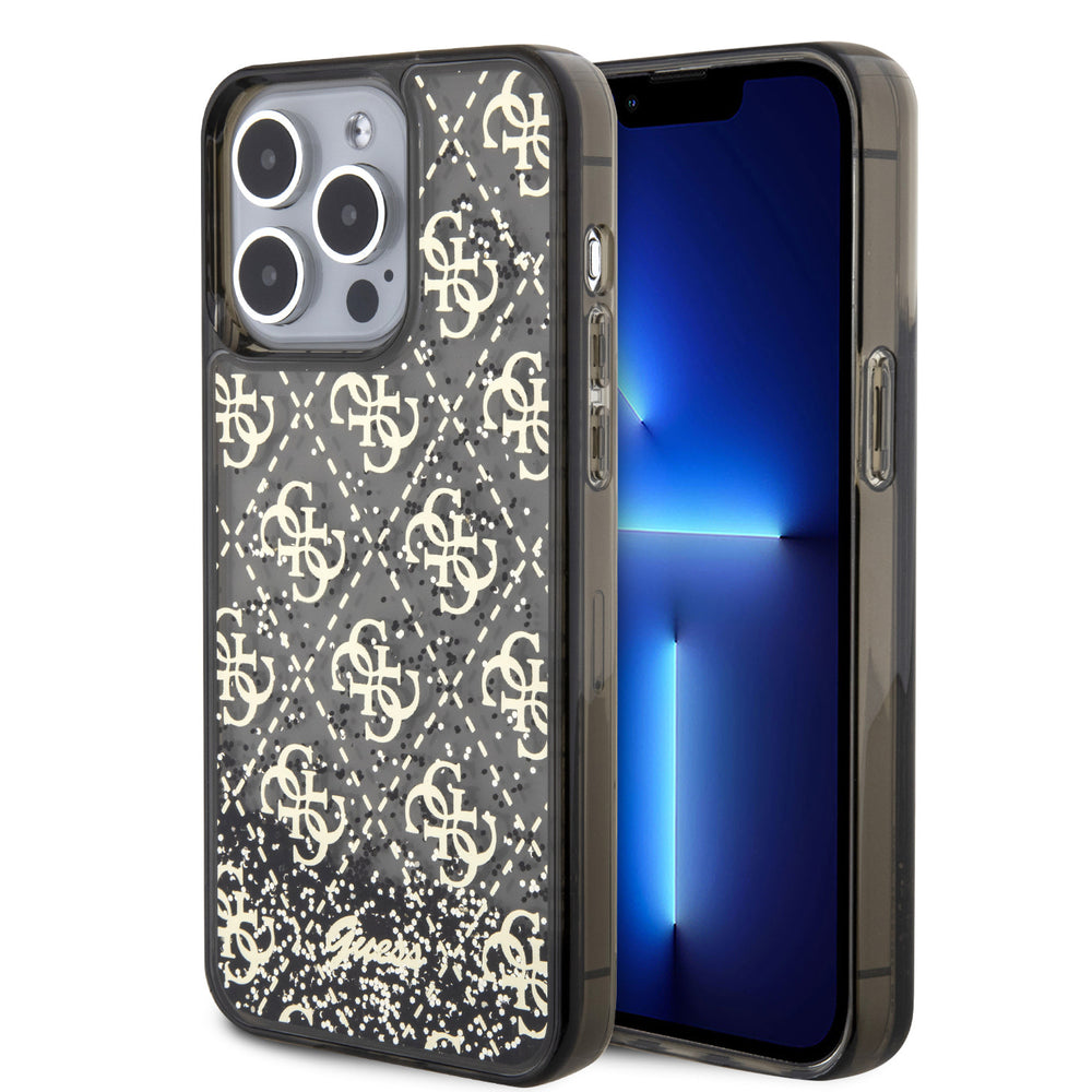 Guess iPhone 15 Pro Max Backcover hoesje - Liquid Glitter - 4G Pattern - Zwart-Hoesjes-Ilumina Benelux