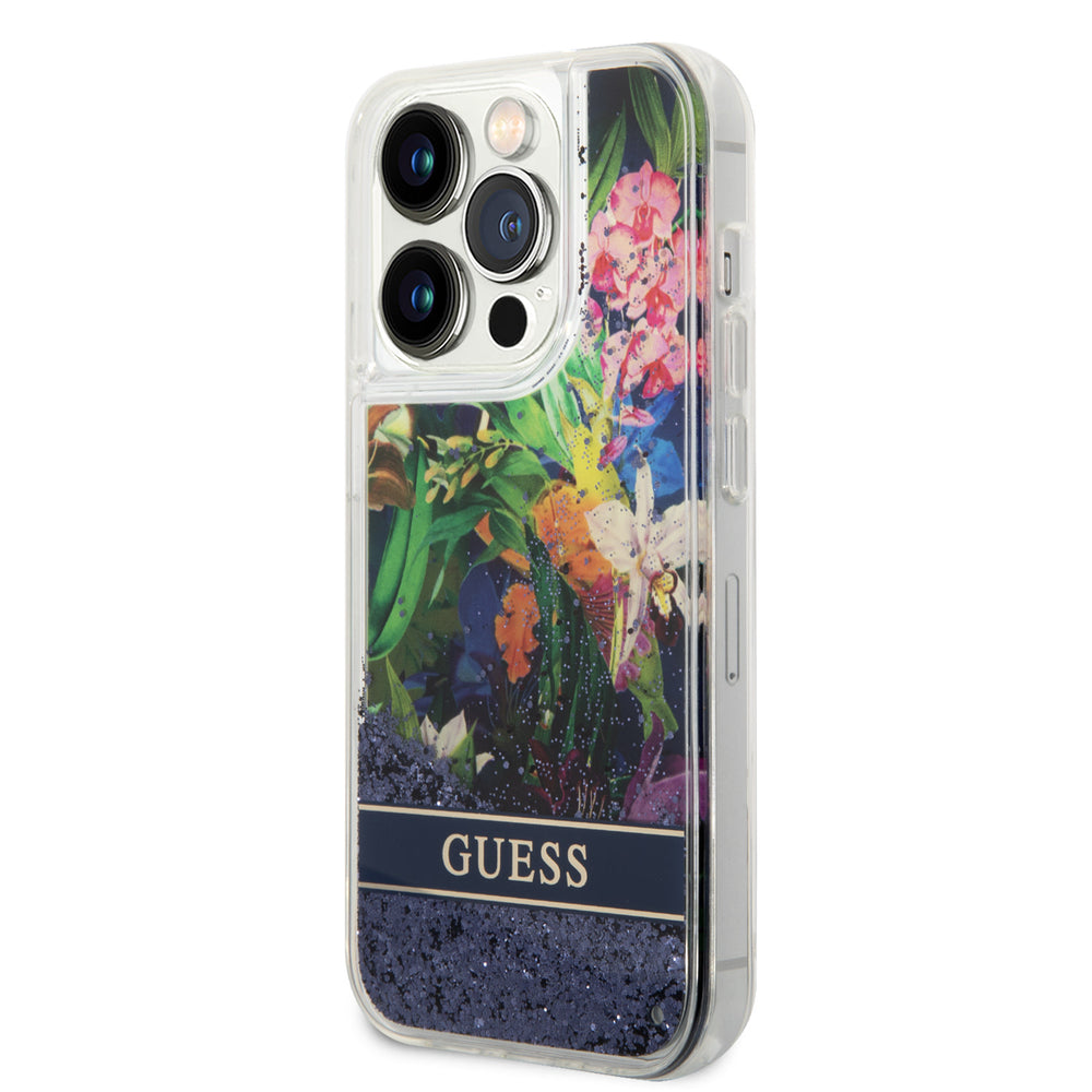 Guess iPhone 15 Pro Max Backcover hoesje - Liquid Glitter - Flower Pattern - Blauw-Hoesjes-Ilumina Benelux