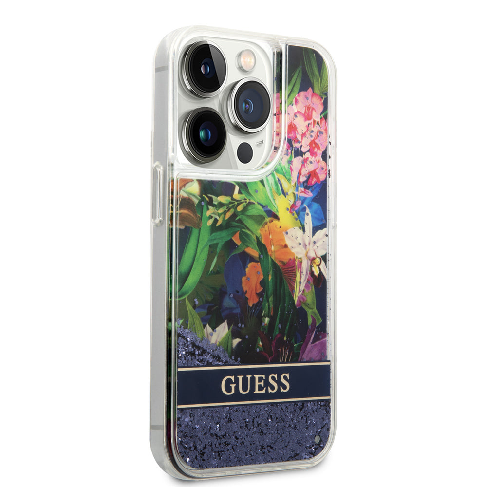 Guess iPhone 15 Pro Max Backcover hoesje - Liquid Glitter - Flower Pattern - Blauw-Hoesjes-Ilumina Benelux