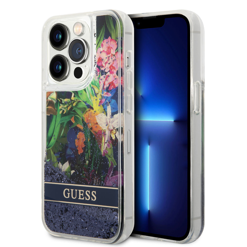 Guess iPhone 15 Pro Max Backcover hoesje - Liquid Glitter - Flower Pattern - Blauw-Hoesjes-Ilumina Benelux