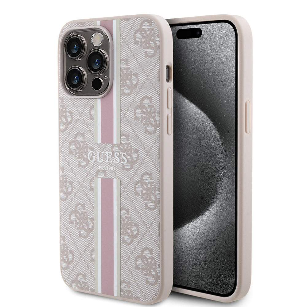 Guess iPhone 15 Pro Max Backcover hoesje - MagSafe - 4G Printed Stripes - Roze-Hoesjes-Ilumina Benelux