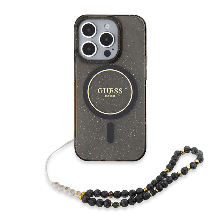 Guess iPhone 15 Pro Max Backcover hoesje - MagSafe - IML Glitter With Pearl Strap - Zwart-Hoesjes-Ilumina Benelux