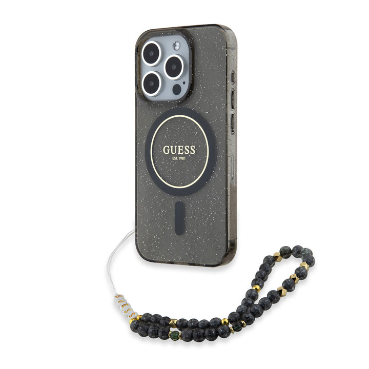 Guess iPhone 15 Pro Max Backcover hoesje - MagSafe - IML Glitter With Pearl Strap - Zwart-Hoesjes-Ilumina Benelux
