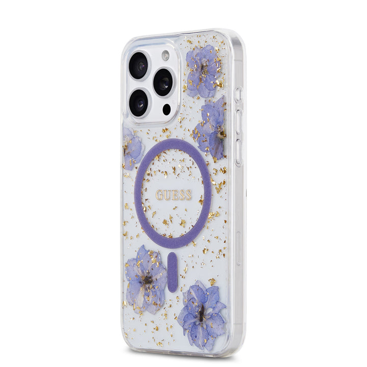 Guess iPhone 15 Pro Max Backcover hoesje - MagSafe - Resin Flowers Design - Paars-Hoesjes-Ilumina Benelux