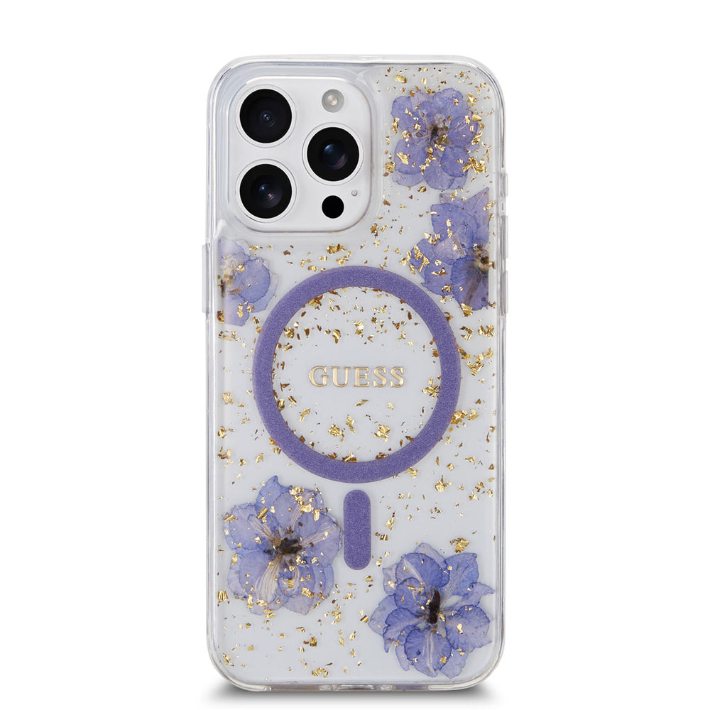 Guess iPhone 15 Pro Max Backcover hoesje - MagSafe - Resin Flowers Design - Paars-Hoesjes-Ilumina Benelux