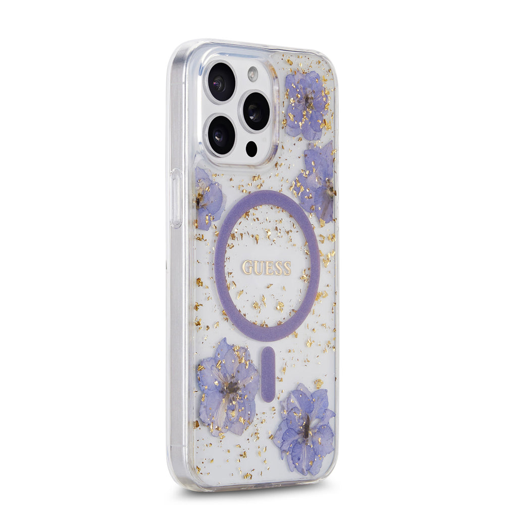 Guess iPhone 15 Pro Max Backcover hoesje - MagSafe - Resin Flowers Design - Paars-Hoesjes-Ilumina Benelux