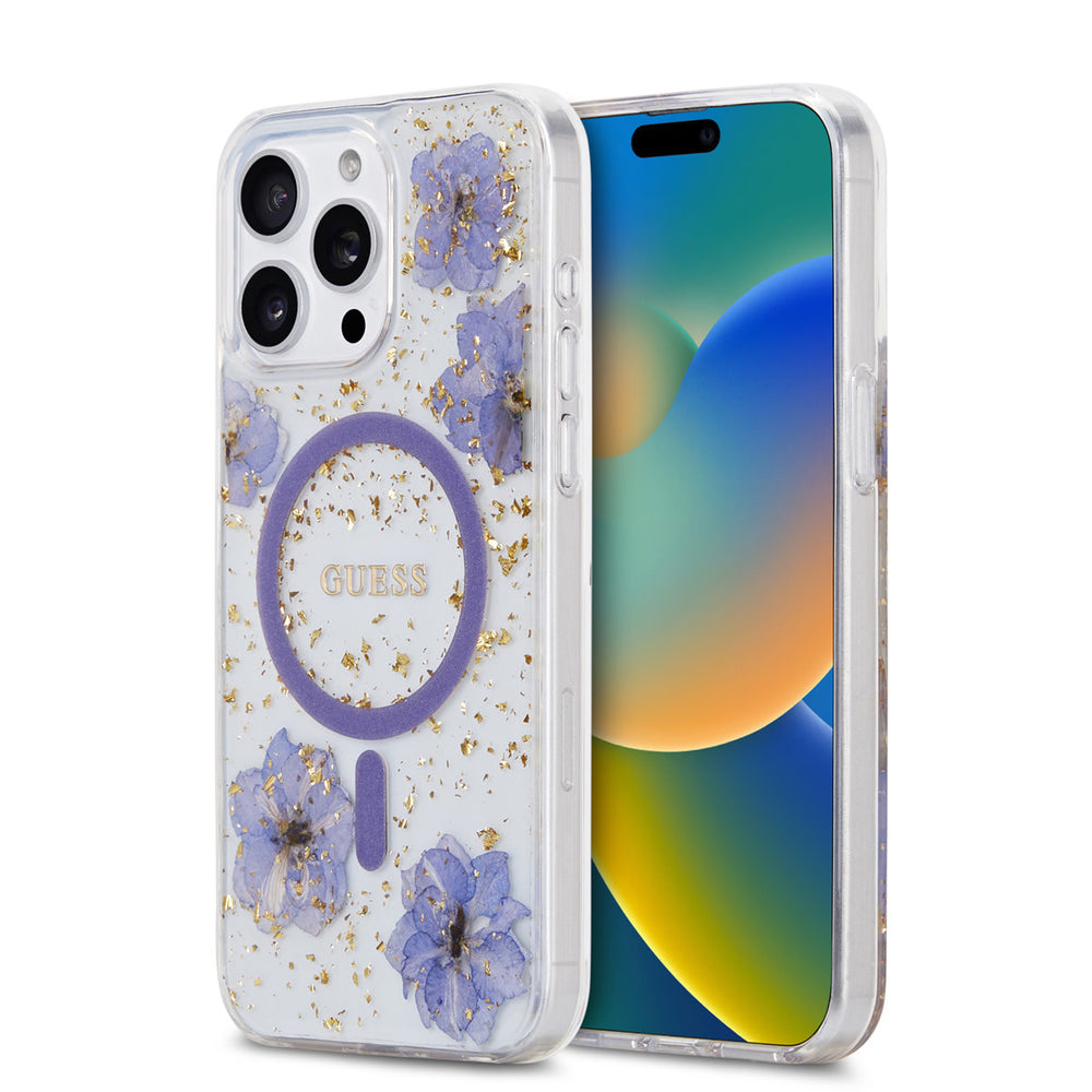 Guess iPhone 15 Pro Max Backcover hoesje - MagSafe - Resin Flowers Design - Paars-Hoesjes-Ilumina Benelux