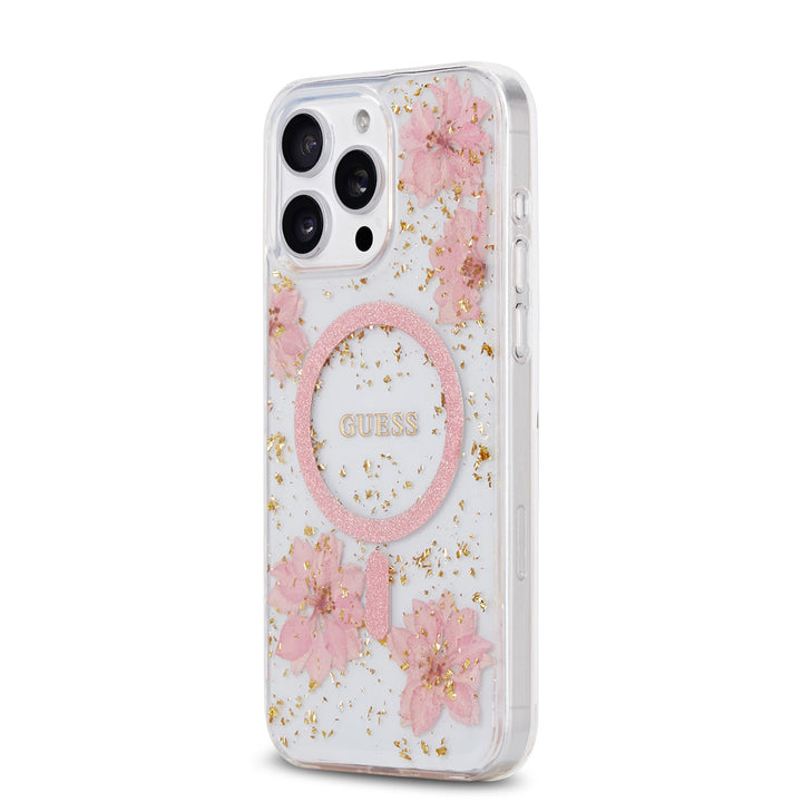 Guess iPhone 15 Pro Max Backcover hoesje - MagSafe - Resin Flowers Design - Roze-Hoesjes-Ilumina Benelux