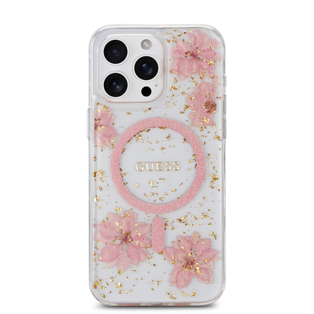 Guess iPhone 15 Pro Max Backcover hoesje - MagSafe - Resin Flowers Design - Roze-Hoesjes-Ilumina Benelux