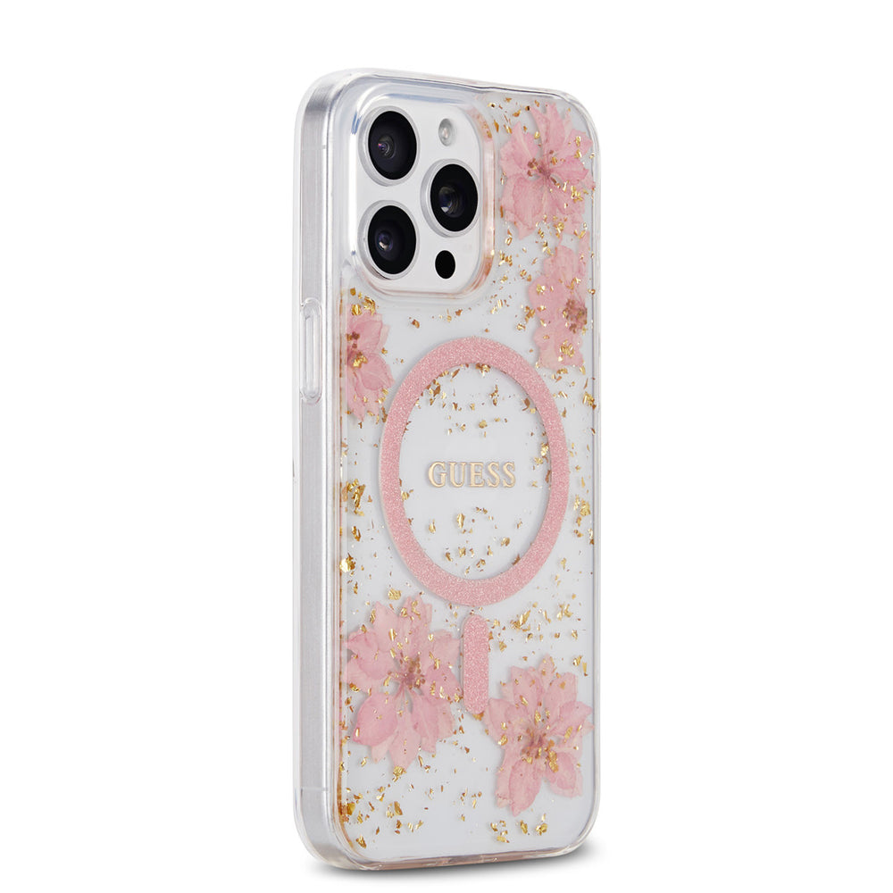 Guess iPhone 15 Pro Max Backcover hoesje - MagSafe - Resin Flowers Design - Roze-Hoesjes-Ilumina Benelux