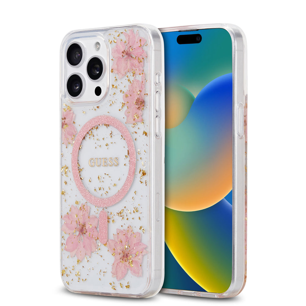 Guess iPhone 15 Pro Max Backcover hoesje - MagSafe - Resin Flowers Design - Roze-Hoesjes-Ilumina Benelux