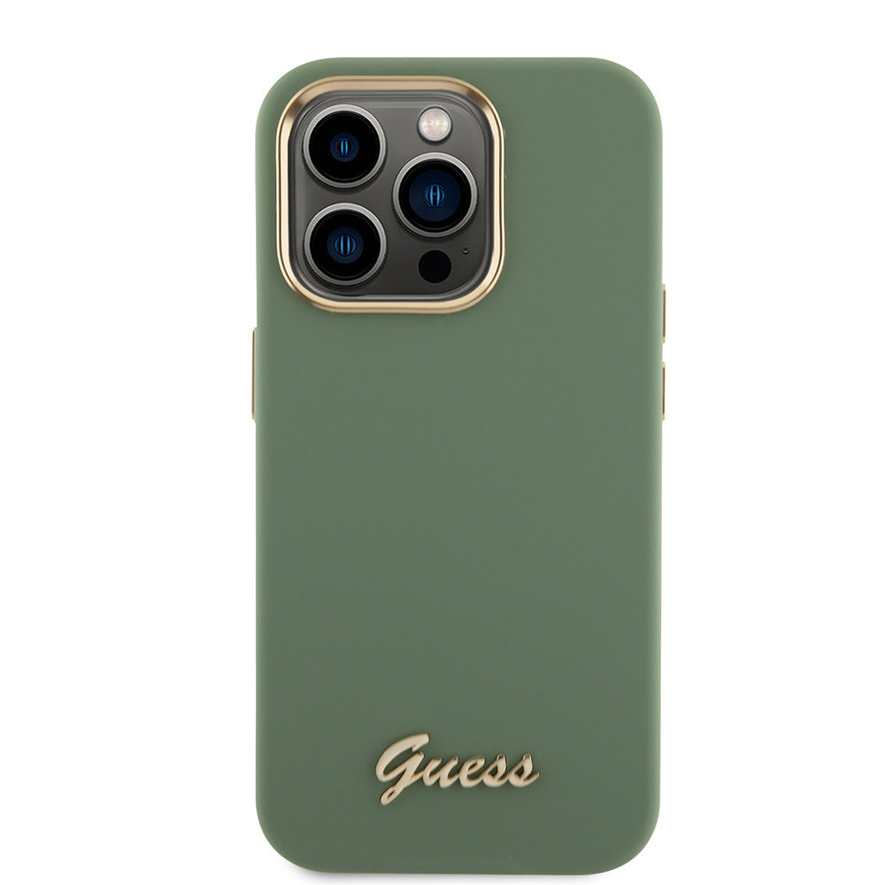 Guess iPhone 15 Pro Max Backcover hoesje Script metal logo - Kaki-Hoesjes-Ilumina Benelux