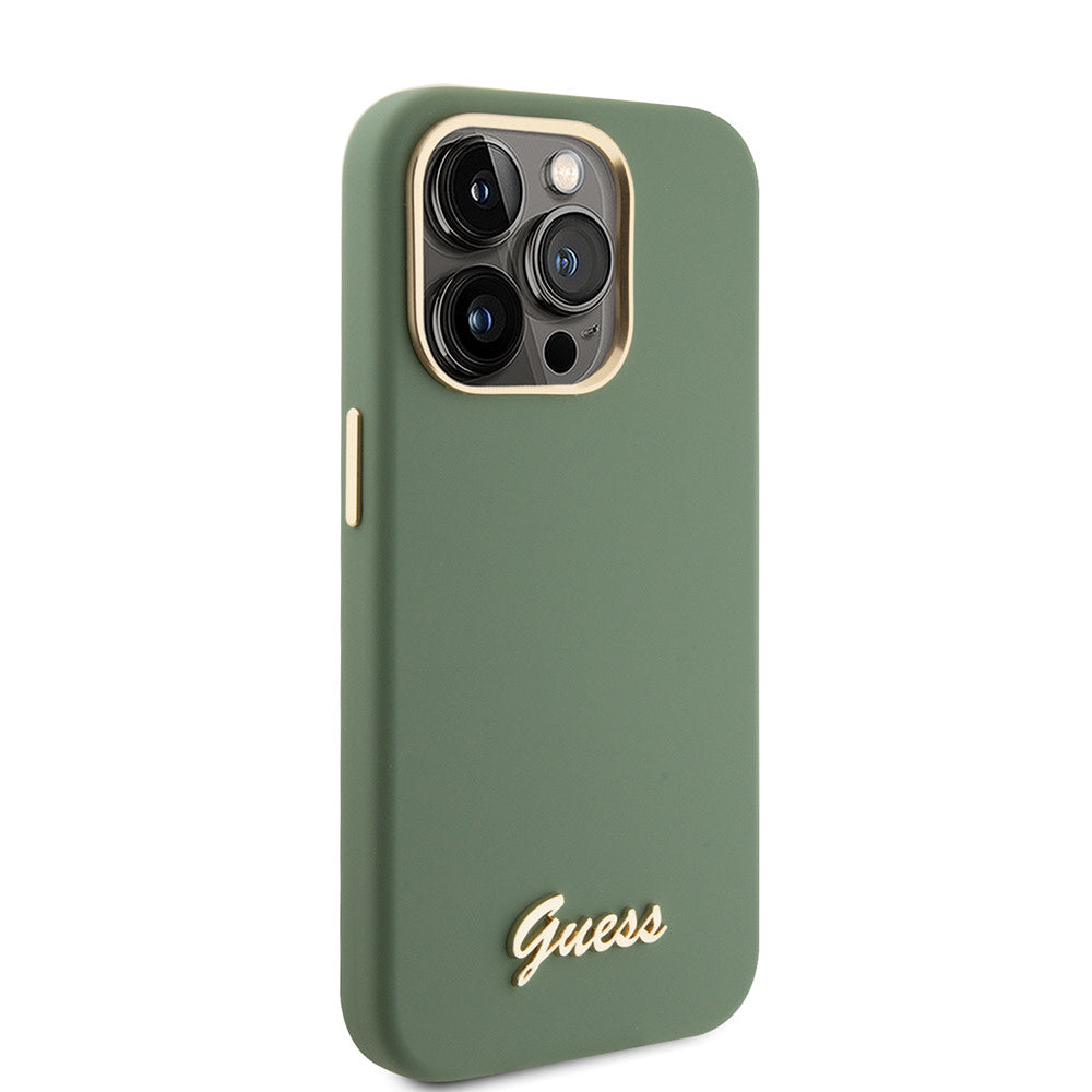 Guess iPhone 15 Pro Max Backcover hoesje Script metal logo - Kaki-Hoesjes-Ilumina Benelux