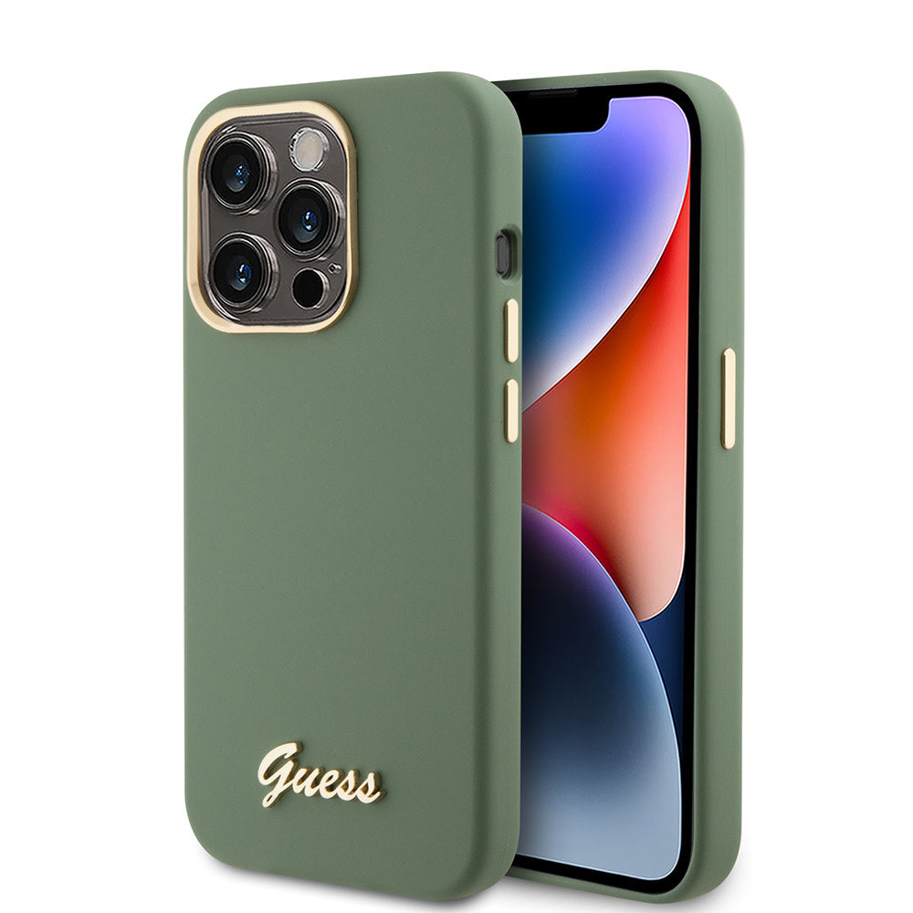 Guess iPhone 15 Pro Max Backcover hoesje Script metal logo - Kaki-Hoesjes-Ilumina Benelux