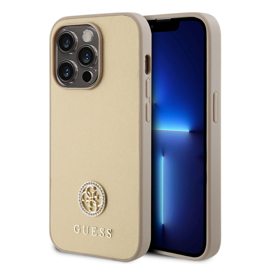 Guess iPhone 15 Pro Max Hardcase Backcover Metal Logo Strass - Goud-Hoesjes-Ilumina Benelux