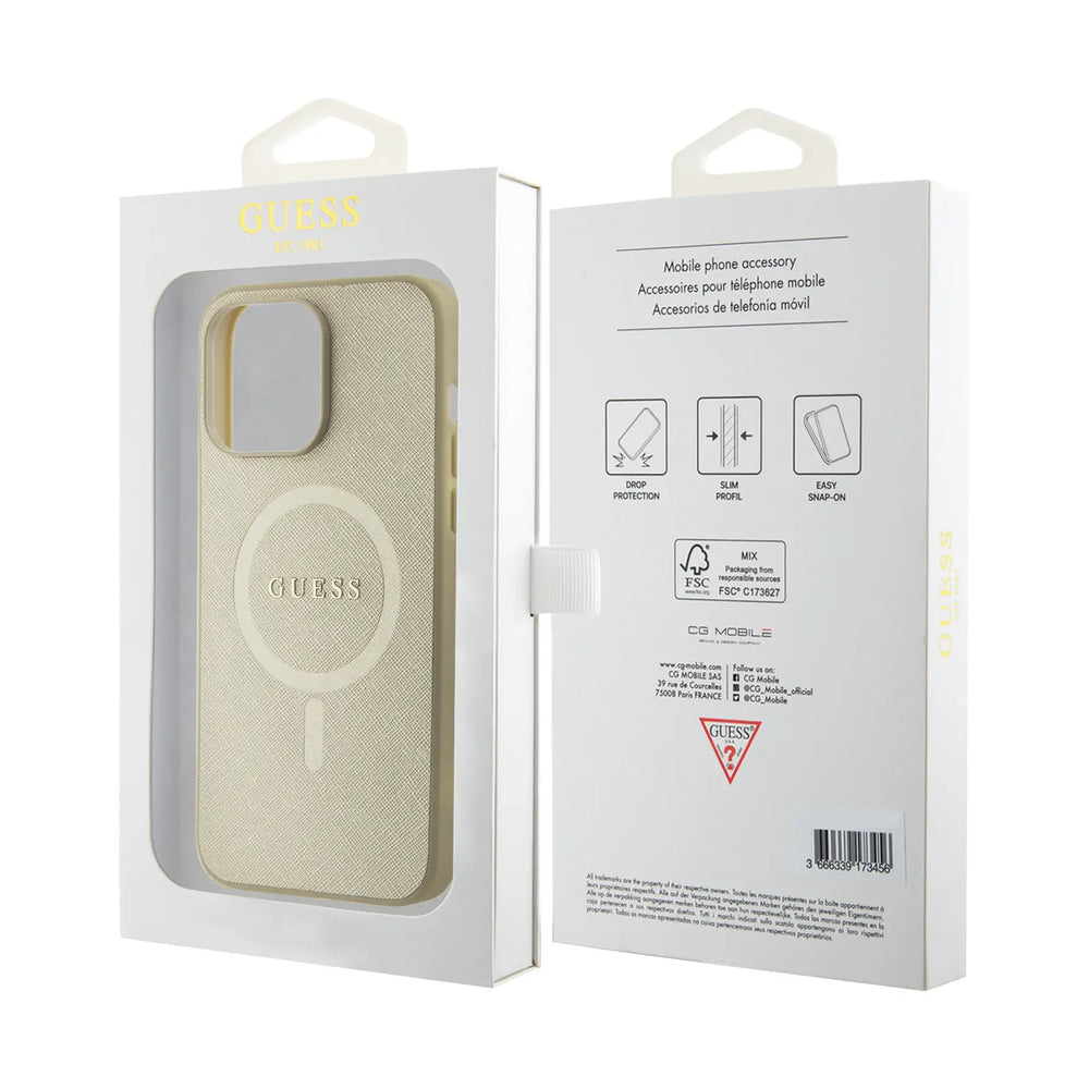 Guess iPhone 15 Pro Max Hardcase Backcover Saffiano - Beige-Hoesjes-Ilumina Benelux