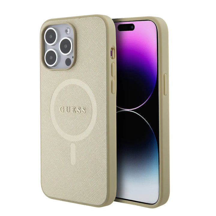 Guess iPhone 15 Pro Max Hardcase Backcover Saffiano - Beige-Hoesjes-Ilumina Benelux