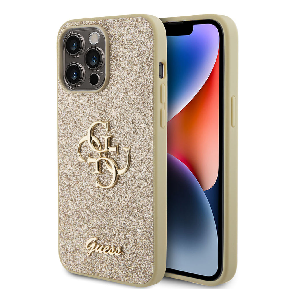 Guess iPhone 15 Pro Max Hardcase hoesje - Big 4G - Fixed Glitter - Goud-Hoesjes-Ilumina Benelux