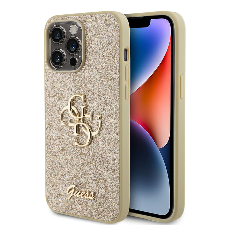 Guess iPhone 15 Pro Max Hardcase hoesje - Big 4G - Fixed Glitter - Goud-Hoesjes-Ilumina Benelux