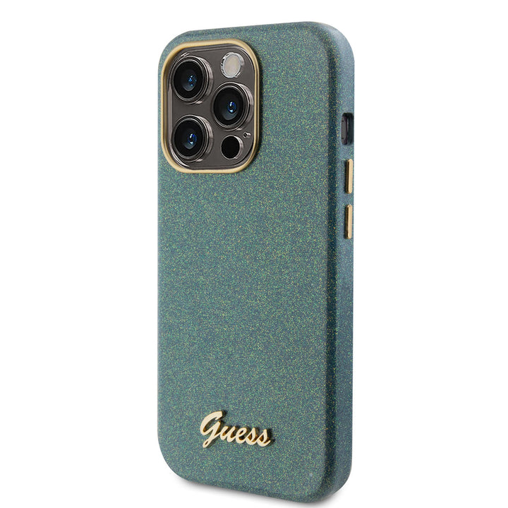 Guess iPhone 15 Pro TPU Back Cover hoesje - Glitter Glossy Script - Khaki-Hoesjes-Ilumina Benelux
