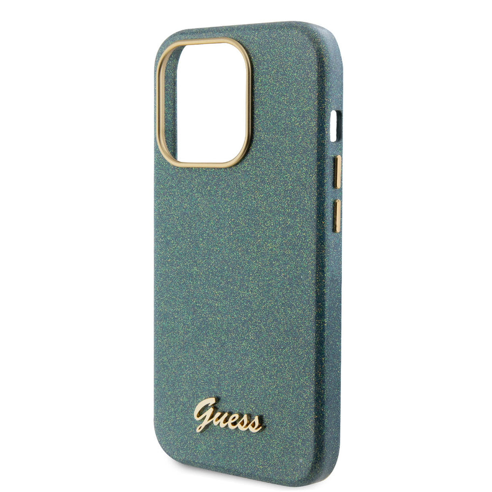 Guess iPhone 15 Pro TPU Back Cover hoesje - Glitter Glossy Script - Khaki-Hoesjes-Ilumina Benelux