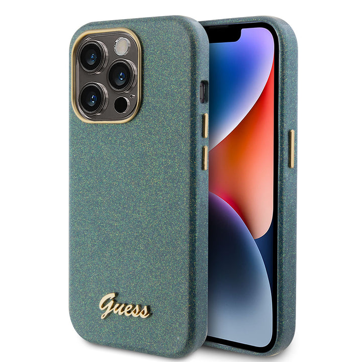 Guess iPhone 15 Pro TPU Back Cover hoesje - Glitter Glossy Script - Khaki-Hoesjes-Ilumina Benelux