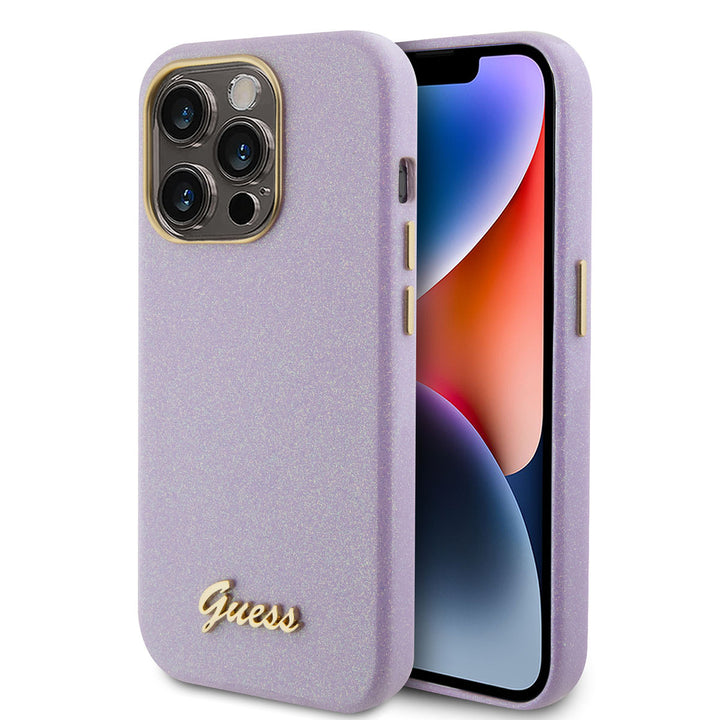 Guess iPhone 15 Pro TPU Back Cover hoesje - Glitter Glossy Script - Lila-Hoesjes-Ilumina Benelux