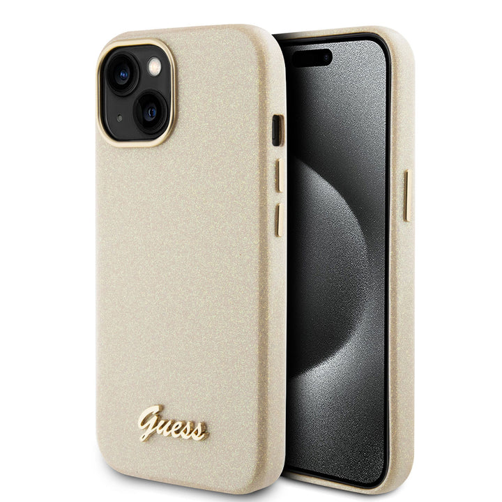 Guess iPhone 15 TPU Back Cover hoesje - Glitter Glossy Script - Goud-Hoesjes-Ilumina Benelux