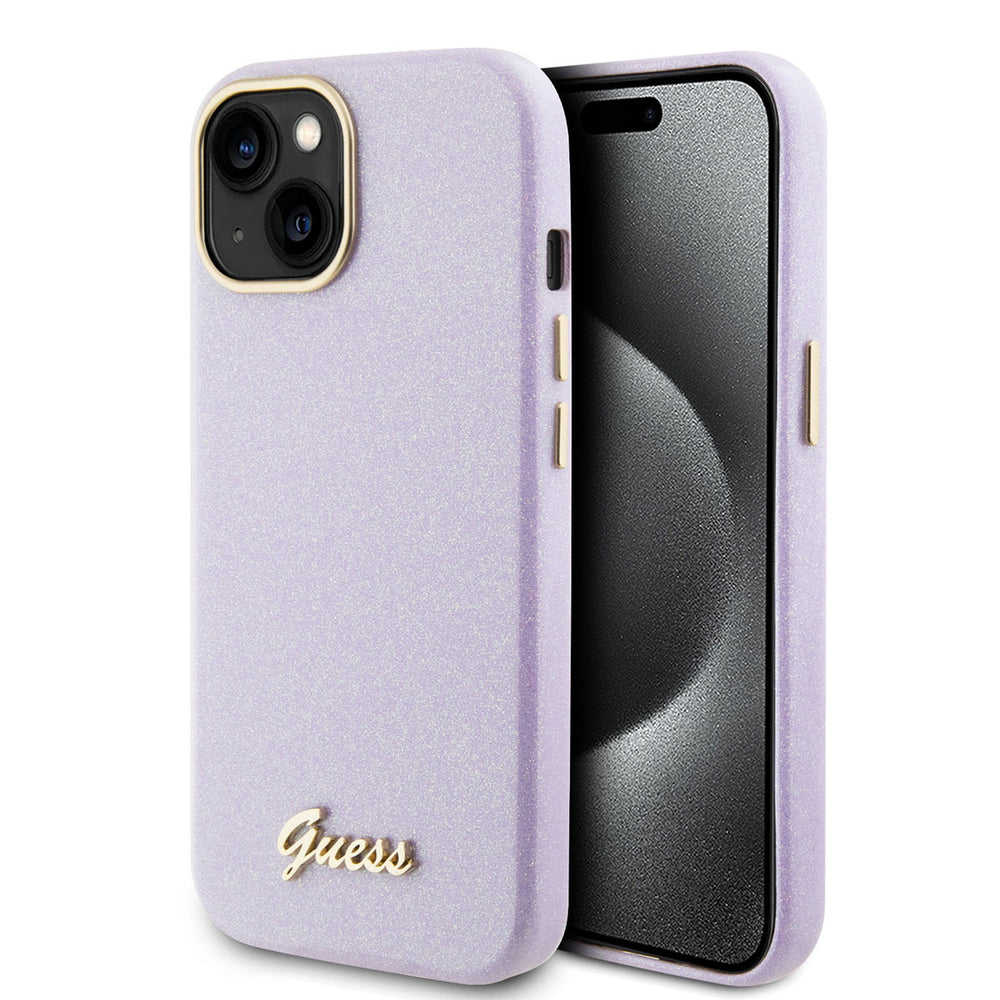 Guess iPhone 15 TPU Back Cover hoesje - Glitter Glossy Script - Lila-Hoesjes-Ilumina Benelux