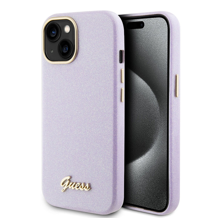 Guess iPhone 15 TPU Back Cover hoesje - Glitter Glossy Script - Lila-Hoesjes-Ilumina Benelux
