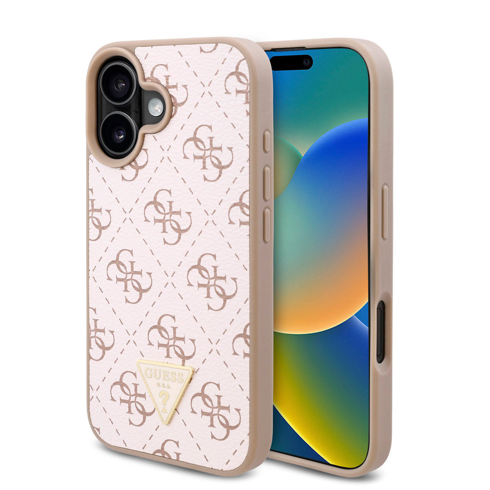 Guess iPhone 16 Backcover hoesje - 4G Background - Triangle Logo - Wit-Hoesjes-Ilumina Benelux