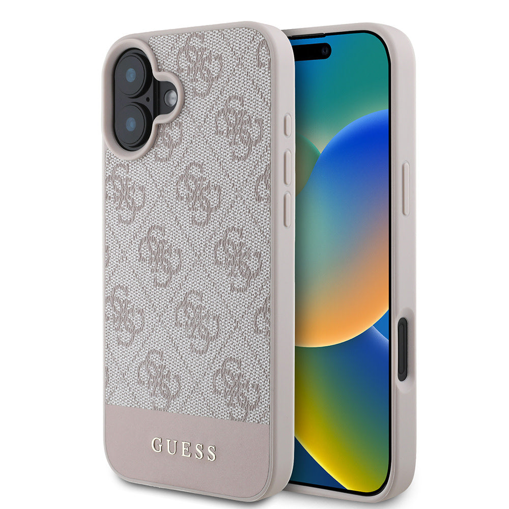 Guess iPhone 16 Backcover hoesje - 4G PU Leather - Bottom Stripe - Roze-Hoesjes-Ilumina Benelux