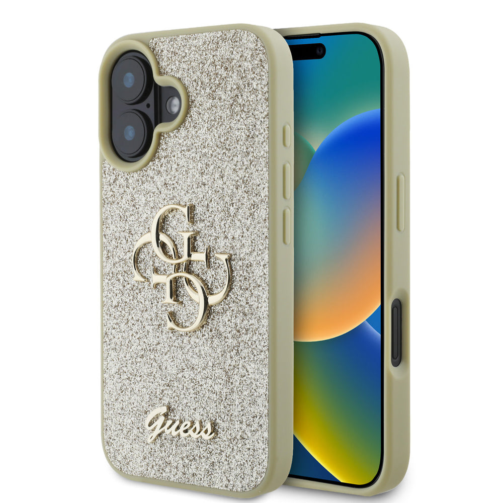 Guess iPhone 16 Backcover hoesje - Big 4G - Fixed Glitter - Goud-Hoesjes-Ilumina Benelux