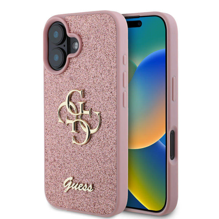 Guess iPhone 16 Backcover hoesje - Big 4G - Fixed Glitter - Roze-Hoesjes-Ilumina Benelux