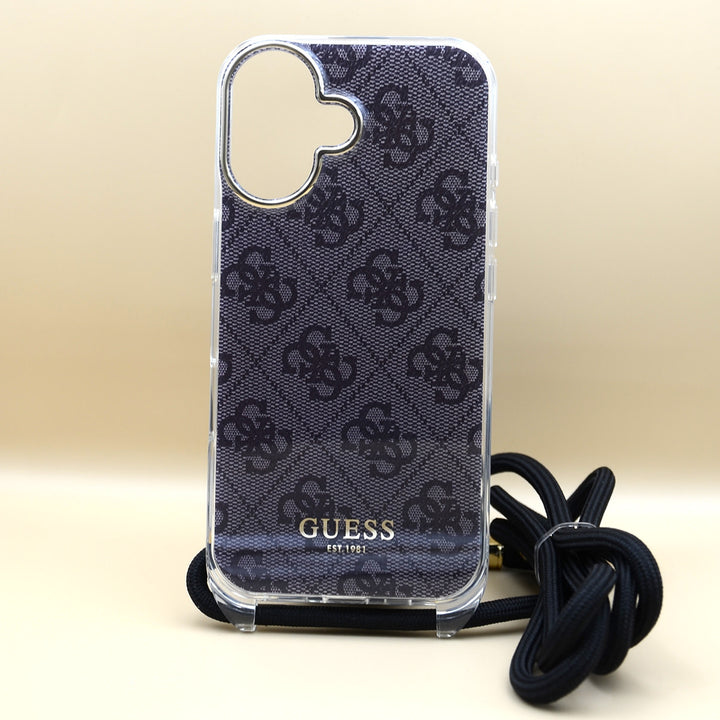 Guess iPhone 16 Backcover hoesje Crossbody cord 4G print - Zwart-Hoesjes-Ilumina Benelux